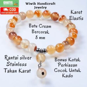 Gelang Tangan Wanita/Gelang Batu Cewek Karet dan Stainless Tahan Karat Batu Beads Manau Coklat Corak Kado Hadiah Terbaru