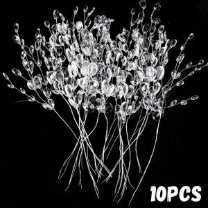 50/10Pcs Acrylic Floral Crystal Stems for Christmas Tree Clear Bead Drop Flower Branch Picks Crafts Decorations for Xmas Party DIY Gifts