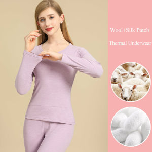 Womens Thermal Underwear Winter 2-Piece Set Wool and Silk Patches Thick Double Layer Warm Clothes Long Bottom Pants Shirt
