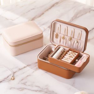 RVIVWK Hai Lớp Hộp đựng trang sức Da PU Dây kéo Hộp trang sức Cao cấp Đa chức năng Phụ nữ