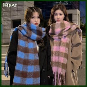 Fitow Plaid Scarf Checkerboard Soft Scarfs Womens Winter Warm Dual Use Long Shawl Vintage Thickened Scarves