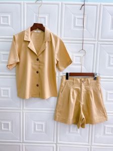JUNE LINEN-S10. Bộ áo cổ danton mix short Linen bột.