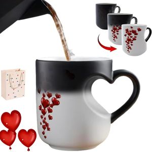Heart-Shaped Color Changing Magic Ceramic Mug Temperature Activated Reveals Red Hearts with Hot Drinks Valentines Day Heart Shaped Handle Ceramic Coffee Cup Romantic Gifts (1 pcs)