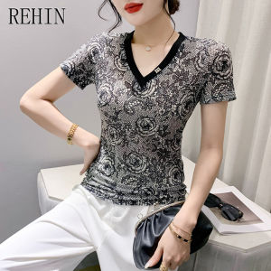 REHIN Summer new fashion mesh V-neck letter print short-sleeved T-shirt slim and versatile trendy womens top