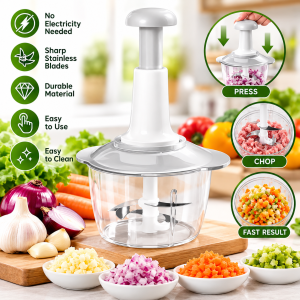 HIGH QUALITY MANUAL MEAT GRINDER | Manual Press Food Chopper Vegetable Cutter Garlic Onion Mincer Stainless Steel Blades Hand Push Mini Food Processor Kitchen Tool Portable Meat Grinder Salad Maker Easy Chop Cooking Accessories Household Multipurpose