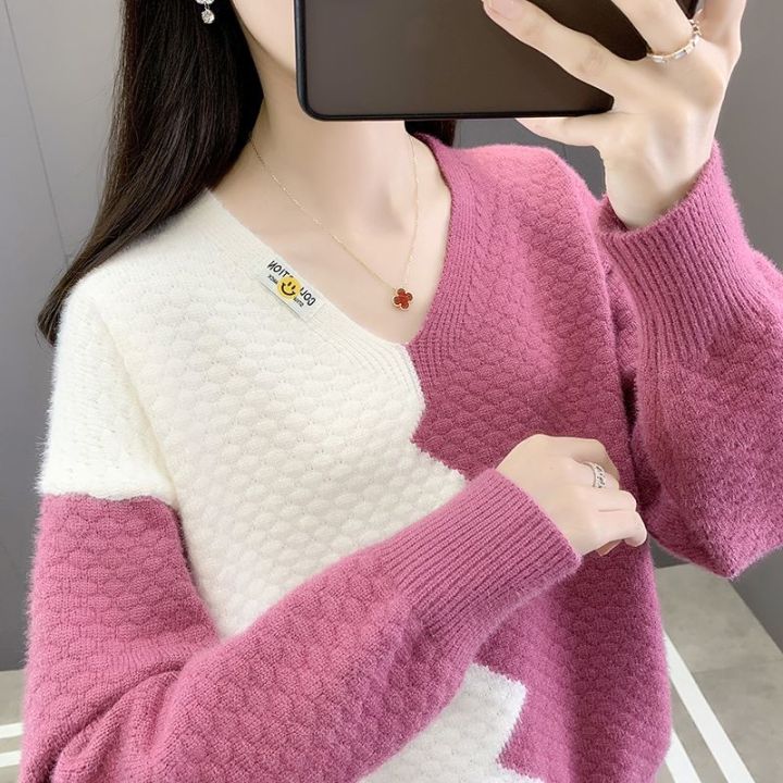 เสื้อสเวตเตอร์แฟชั่นถักคอวีสำหรับผู้หญิงฤดูใบไม้ร่วงและฤดูหนาวเสื้อถัก ...