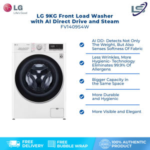 LG 9KG Front Load Washer with AI Direct Drive and Steam FV1409S4W | Wifi | 6 Motion | Allergy Care | Quick 30 | Smart Diagnosis | Easy Care | Tub Clean | Cotton+ | Delicate | Silent Wash | Washing Machine with 1 Year Warranty
