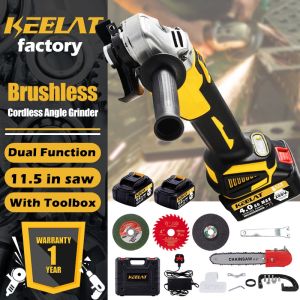 KEELAT Brushless Angle Grinder With 11.5“ Chainsaw Replaceable Heads Includes Grinding Discs Set For Metal & Wood