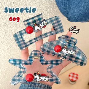 Korean-style Checkered Hair Clips Dog Pattern Fashionable and Sweet Hair Accessories for Girls