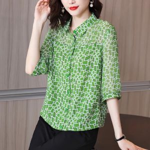 Chiffon Blouse For Women 3/4 Sleeve Fashion 2022 New Temperament Lapel Style Beautiful Thin Casual Shirt Lady