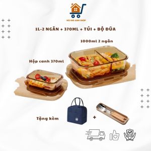 Set Hộp Cơm Thủy Tinh Hổ Phách 1000ml 2 Ngăn + Hộp Canh Tặng Túi Giữ Nhiệt + Bộ Đũa Thìa