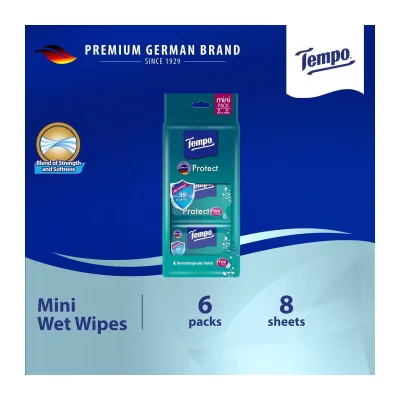 TEMPO Protect – Kills 99 Percent Of Influenza Viruses And Bacteria Mini Wet Wipes - 6 Packs