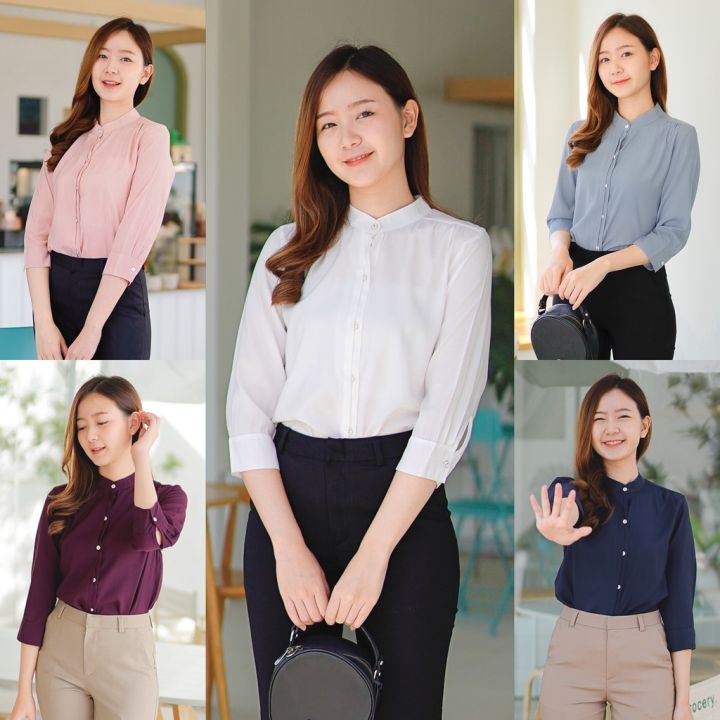 เสื้อเชิ้ตผู้หญิง เสื้อแฟชั่นผู้หญิง เสื้อเชิ้ตคอจีน แขน 4 ส่วน แบบสวย ...
