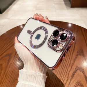 With Lens Films Magnetic MagSafe Laser Plating Soft Transparent Phone Case For iPhone 16 15 14 Pro Max Plus 13 12 11 Pro Max Wireless Charging Phone Cover Clear Phone Casing Shell With Full Cover Camera Protection