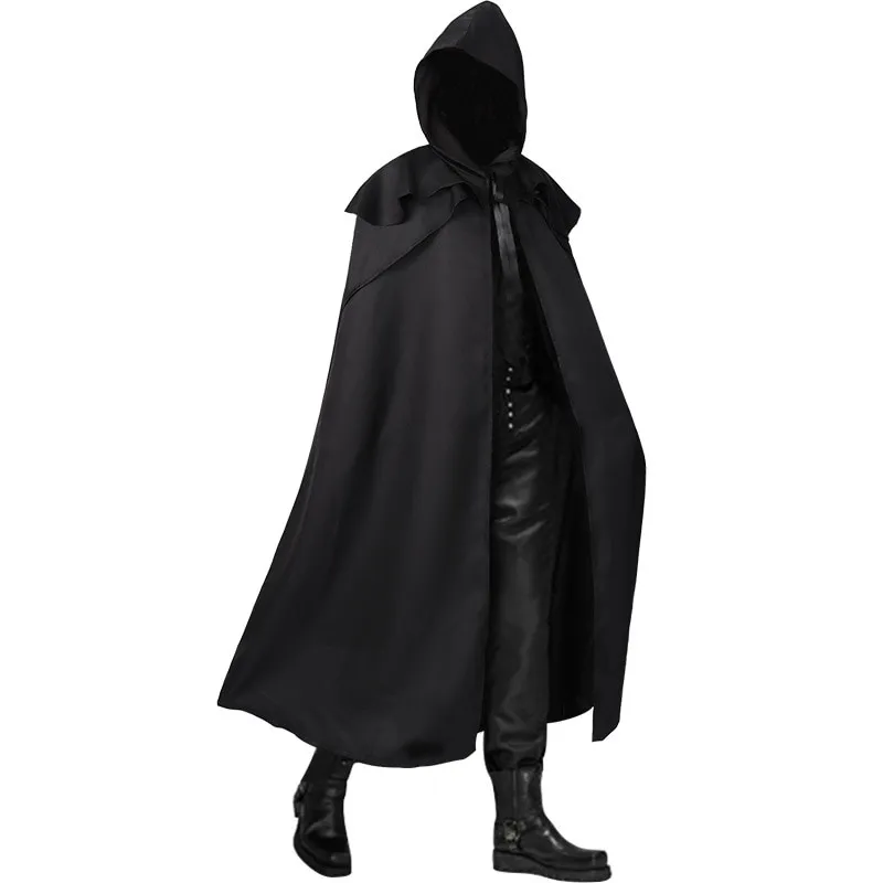 Black Men Cloak Hooded Medieval Monk Costume Solid Windproof Mens
