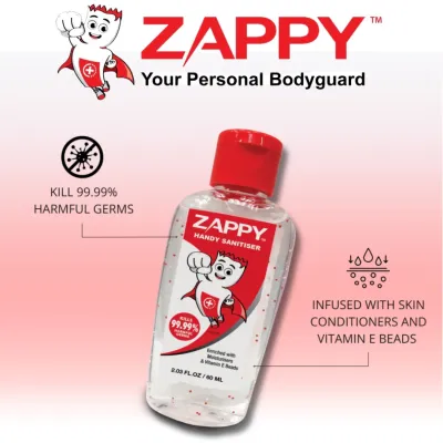Zappy Handy Sanitiser 60ml Mini bottle Moisturising Gel Hand sanitizer *Kids Children Travel safe *Kills 99.99% germs
