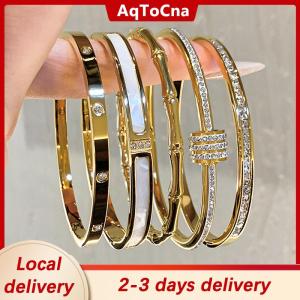 [COD] AqToCna Ship within 24 hours High-end 18K Golden Titanium Steel Non-Fade Bracelet Female Plain Ring Zircon Bracelet Light Luxury Niche Bracelet