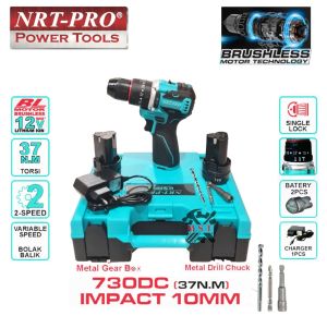 NRT-PRO DC 730 Mesin Bor Cordless Drill 10MM 12V Baterai Batre Beton Tembok Impact Brushless DC730