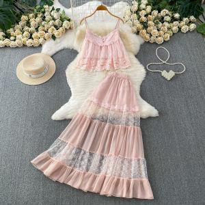 Back Cutout Lace V Neck Camisole Plus Sheer Drape Elegant Ruffle Maxi Dress Two Piece Set H260729