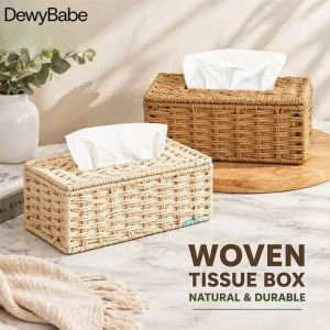 DewyBabe Woven Tissue Box Holder Handmade Rattan Style Large Capacity Rectangular Facial Tissue Case Decor