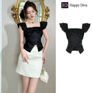 Happy Diva Womens New Summer Black เลื่อมแขนสั้น Slim Top 91641