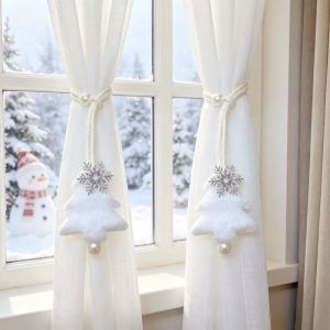 OEUVR 2PCS/SET Plush Christmas Tree Curtain Tieback Adjustable Exquisite Snowflakes Curtain Rope Curtain Decorative Rope with Ball Pendant Curtain Strap  Room