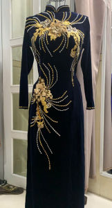 Áo dài nhung xanh đen áo dài cho mẹ Áo dài bà sui áo dài dự tiệc SANG TRỌNG