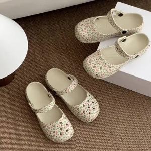 [Free Shipping] Floral Ballet Clogs For Women Eva Summer Slip-On Two-Way Wear Beach Non-Slip Closed-Toe Slippers For Women