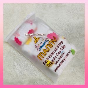 Sét 5 Chiếc khăn sữa cho bé sơ sinh vải xô Muslin Organic cao cấp Manny 6 Lớp cho bé nhiều họa tiết xinh xắn 30x30cm