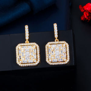 CWWZircons Bling Square Cubic Zirconia Women CZ 925 Sterling Silver Dangle Drop Earrings Jewelry Accessories