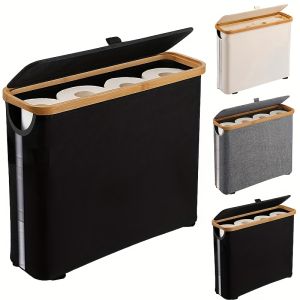 Large Capacity Toilet Paper Holder with Lid | Foldable Space Saving Wood Frame with Gray Fabric End Modern Home Organization Essential Durable No Installation Required Toilet Paper Storage Containers
