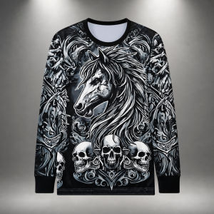 Womens Plus Size Horse and Skull Graphic Long Sleeve Crew Neck Rider Jersey LA039