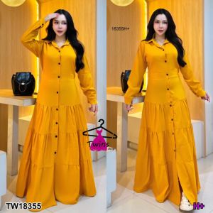 TW18355 แม็กซี่เดรสยาว ปกเชิ้ต แต่งระบาย 4 ชั้น ..