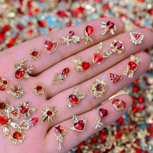 30PCS Mixed Alloy Antlers Magic Wand Nail Decoration Sparkling Red Diamond Nail Charms Metal Rabbit Heart Bow Star Nail Jewelry h260819