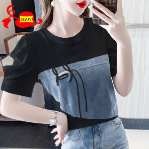HZW 2023 new short-sleeved summer color matching denim slim female blouse casual round neck Korean version of minority blouse