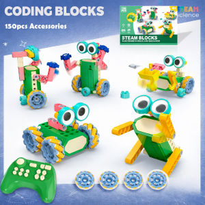 DIY Coding Gear Blocks Set | Electric Motor Building Kit | STEM Learning Toy with Remote | Robot Science Engineering Play