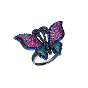 SEQUITO Delicate Women Black Gold Plated Jewelry Accessories Full Micro Pave Tiny Round Multicolor AAA Cubic Zirconia Butterfly Shape Adjustable Lady Big Party Ring SR090