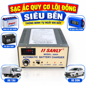 Máy Sạc Bình Ắc Quy SANLY 20A Thông Minh Sạc 12V 24V Tự Động Lõi Đồng Bền Bỉ Có Đồng Hồ Vôn Ampe