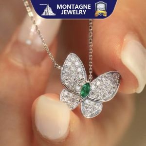 Montagne Jewelry 18k Pure White Gold Necklace for women 0.5 Carat Diamond Inset Butterfly Design Fine Jewellery Natural Emerald Pendant Necklace