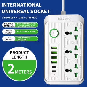 Universal Electrical Socket With 2500W Rated Power And Green Indicator Lights - 4 Sockets + 4 USB-C + 2 Type-C - Practical For Home Or Office - Overload Protection - Fits Various Devices