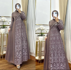 Melisa Dress Bahan Ceruty Babydoll Mix Brukat Aplikasi Mutiara + Swarovski Terbaru / Gamis Kondangan Pesta Pernikahan Wisuda Lamaran / Gamis Lebaran Mewah Elegant / Gamis Brukat Model Terbaru Kekinian Termurah BISA COD