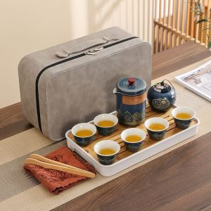 Portable Chinese Ceramic Tea Set for Travel Outdoor Camping Business Souvenirs with Quick Cup and Carry Case