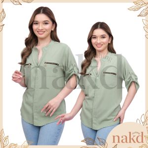 NAKD FASHION JOURNEE CHALLIS CHINESE COLLAR 3/4 SLEEVE CASUAL WOMEN ZIPPER POCKET WOMEN TOP 1865