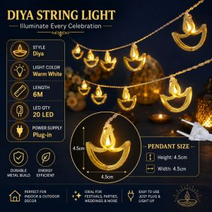 Local Ready Stock 🪔6M 20LED Metal Diya&Ganesha Lights Plug Powered Diwali Deepavali Home Wall Decoration