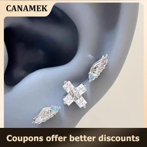 【 CANAMEK 】 Luxury Cross Stud Earrings for Women Angel Wing Design Zircon Jewelry for Work Meeting and School Events