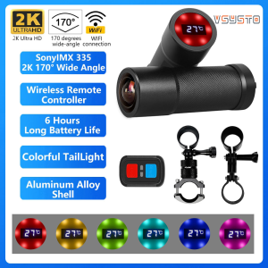 VSYSTO Bicycle Dash Cam SonyIMX335 2K 170 Degrees 7G Lens Bicycle Camera 6 Hours Long Battery Life with Colorful Tail Light and WIreless Remote Controller Waterproof WIFI