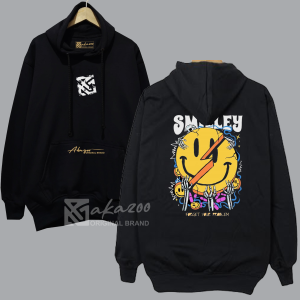 AKAZOO sweaterr pria tebal dan lembut terbaru warna hitam DPN BLAKANG SMILLEY FORGET YOUR PROBLEM