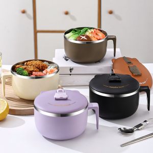 SKJK STUDIO Thép không gỉ 304 Bát mì ăn liền cho sinh viên Phong cách Nhật Bản 1300ML Bát mì ramen Thực tế có nắp Hộp đựng thức ăn Ký túc xá