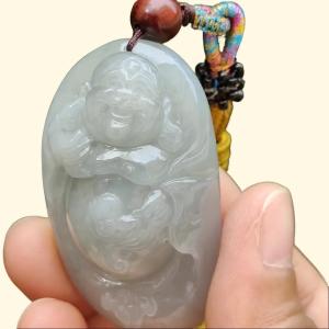 High Quality Light Green Hue Natural Type A Jadeite Jade crafted as Milo Buddha for Pendant certificate weighs 44.34 grams measurement 52.6 * 29.6 * 17.5 mm (pendant289)