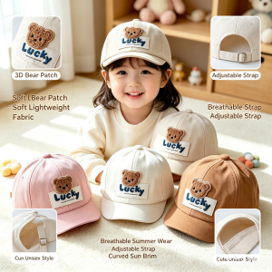 AILEBE Kids Cap Cute 3D Bear Baseball Cap Adjustable Soft Lightweight Breathable Summer Hat Curved Brim Sun Protection Korean Style Casual Peaked Cap For Boys Girls Perfect For Outdoor Daily Wear